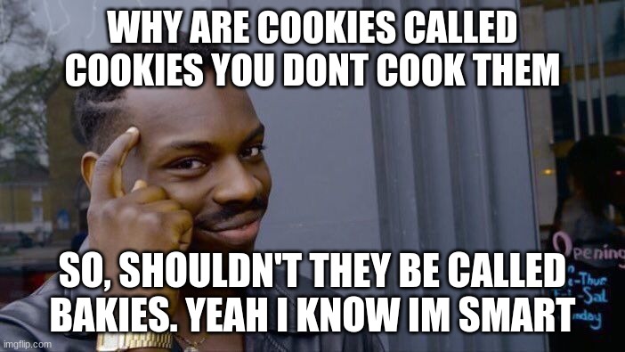 Roll Safe Think About It | WHY ARE COOKIES CALLED COOKIES YOU DONT COOK THEM; SO, SHOULDN'T THEY BE CALLED BAKIES. YEAH I KNOW IM SMART | image tagged in memes,roll safe think about it | made w/ Imgflip meme maker