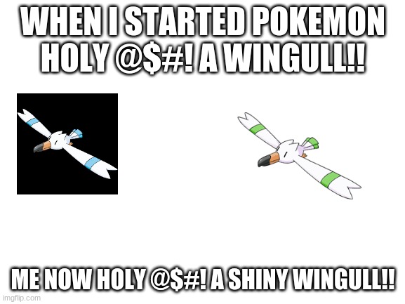 My evolution | WHEN I STARTED POKEMON HOLY @$#! A WINGULL!! ME NOW HOLY @$#! A SHINY WINGULL!! | image tagged in blank white template | made w/ Imgflip meme maker