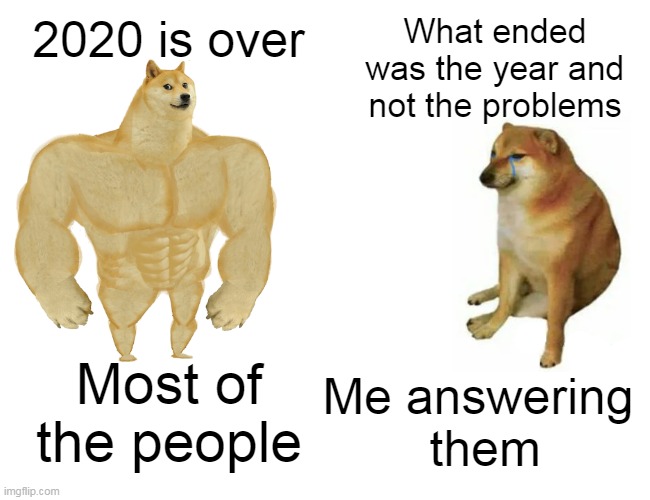 Buff Doge vs. Cheems | 2020 is over; What ended was the year and not the problems; Me answering 
them; Most of the people | image tagged in memes,buff doge vs cheems | made w/ Imgflip meme maker