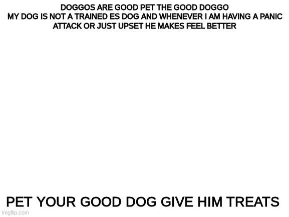 dogsaregood | DOGGOS ARE GOOD PET THE GOOD DOGGO

MY DOG IS NOT A TRAINED ES DOG AND WHENEVER I AM HAVING A PANIC ATTACK OR JUST UPSET HE MAKES FEEL BETTER; PET YOUR GOOD DOG GIVE HIM TREATS | image tagged in blank white template | made w/ Imgflip meme maker
