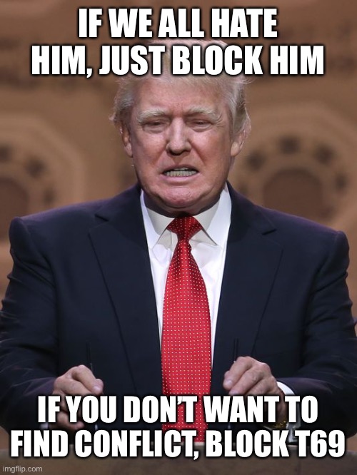 And we will finish this way, | IF WE ALL HATE HIM, JUST BLOCK HIM; IF YOU DON’T WANT TO FIND CONFLICT, BLOCK T69 | image tagged in donald trump | made w/ Imgflip meme maker