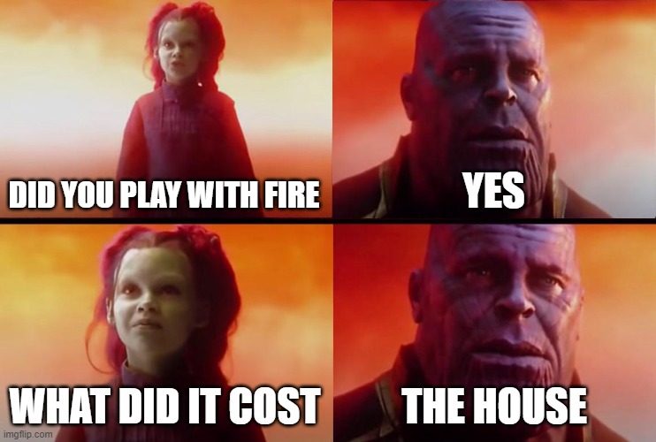 thanos what did it cost | DID YOU PLAY WITH FIRE YES WHAT DID IT COST THE HOUSE | image tagged in thanos what did it cost | made w/ Imgflip meme maker