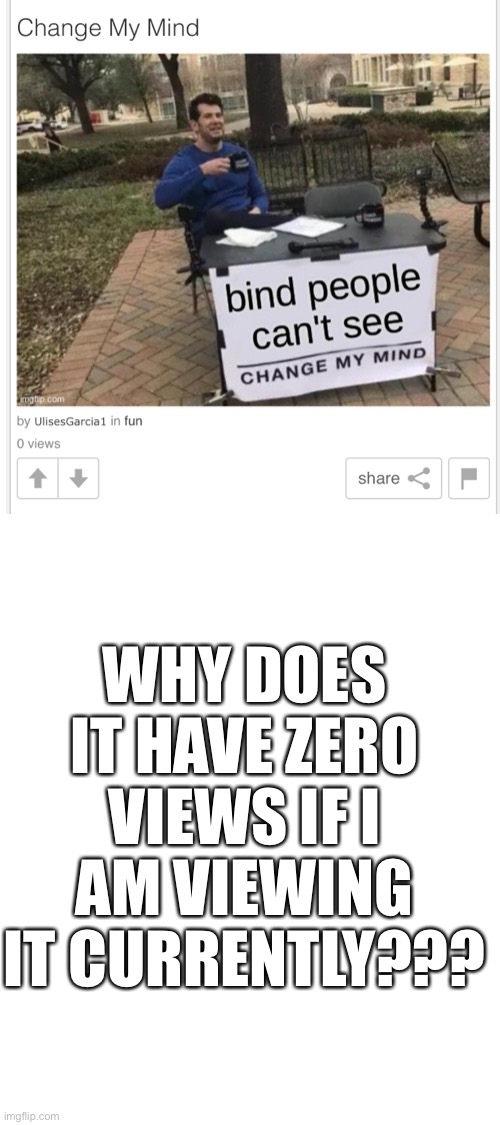 How | WHY DOES IT HAVE ZERO VIEWS IF I AM VIEWING IT CURRENTLY??? | image tagged in wat | made w/ Imgflip meme maker