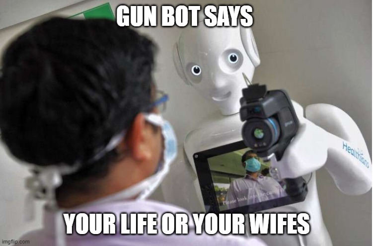 gun bot | GUN BOT SAYS; YOUR LIFE OR YOUR WIFES | image tagged in lol | made w/ Imgflip meme maker
