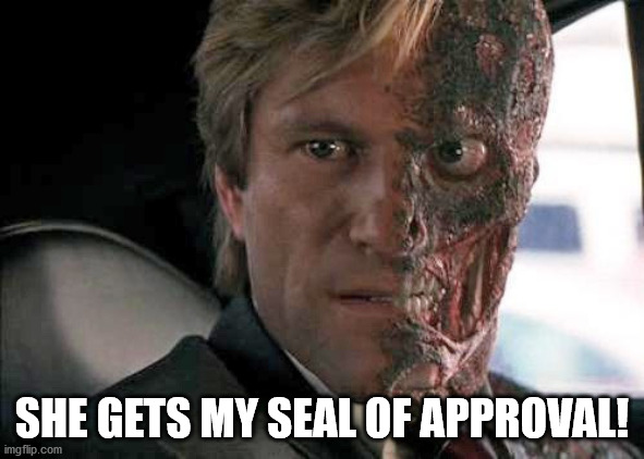 Two face | SHE GETS MY SEAL OF APPROVAL! | image tagged in two face | made w/ Imgflip meme maker