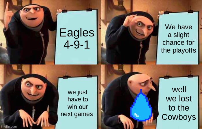 Philadelphia Eagles plan | Eagles
4-9-1; We have a slight chance for the playoffs; we just have to win our next games; well we lost to the Cowboys | image tagged in memes,gru's plan | made w/ Imgflip meme maker