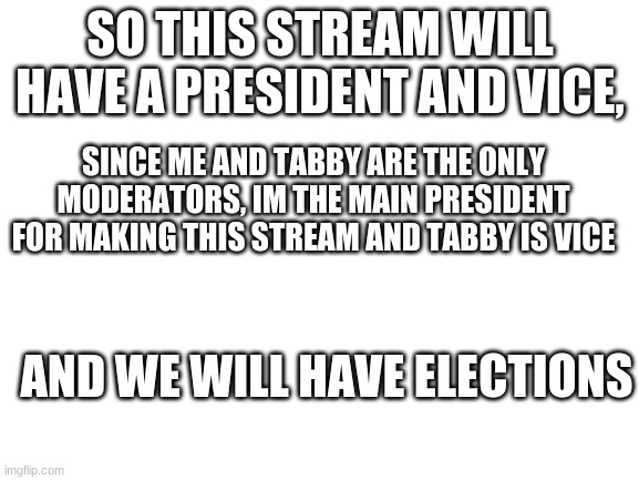 Blank White Template | SO THIS STREAM WILL HAVE A PRESIDENT AND VICE, SINCE ME AND TABBY ARE THE ONLY MODERATORS, IM THE MAIN PRESIDENT FOR MAKING THIS STREAM AND TABBY IS VICE; AND WE WILL HAVE ELECTIONS | image tagged in blank white template | made w/ Imgflip meme maker