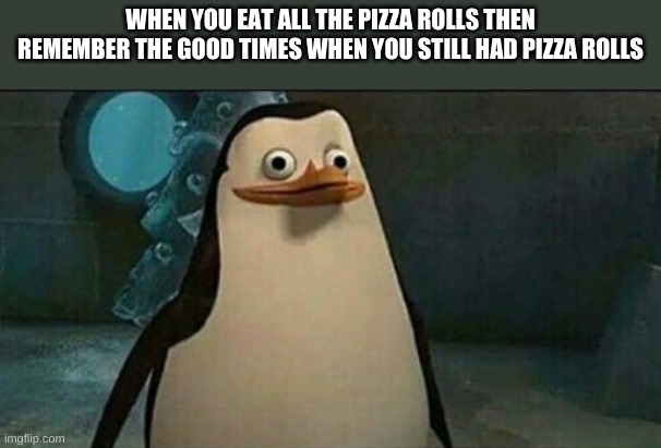 Confused Private Penguin | WHEN YOU EAT ALL THE PIZZA ROLLS THEN REMEMBER THE GOOD TIMES WHEN YOU STILL HAD PIZZA ROLLS | image tagged in confused private penguin | made w/ Imgflip meme maker