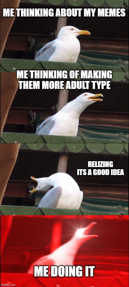 Inhaling Seagull | ME THINKING ABOUT MY MEMES; ME THINKING OF MAKING THEM MORE ADULT TYPE; RELIZING ITS A GOOD IDEA; ME DOING IT | image tagged in memes,inhaling seagull | made w/ Imgflip meme maker