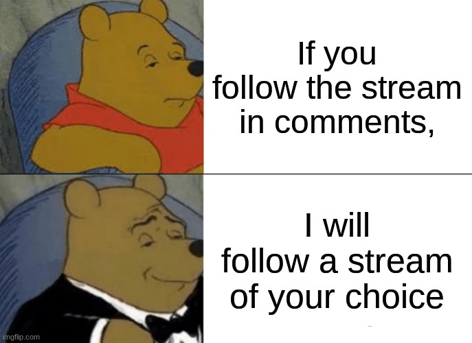 dew it | If you follow the stream in comments, I will follow a stream of your choice | image tagged in memes,tuxedo winnie the pooh | made w/ Imgflip meme maker