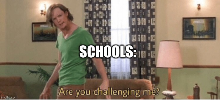 are you challenging me | SCHOOLS: | image tagged in are you challenging me | made w/ Imgflip meme maker
