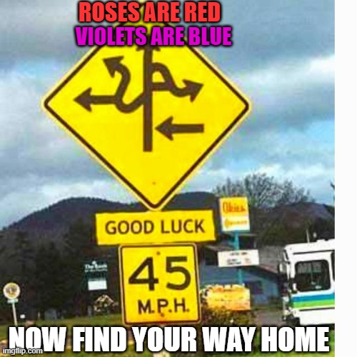 Road sign | ROSES ARE RED; VIOLETS ARE BLUE; NOW FIND YOUR WAY HOME | image tagged in road sign | made w/ Imgflip meme maker