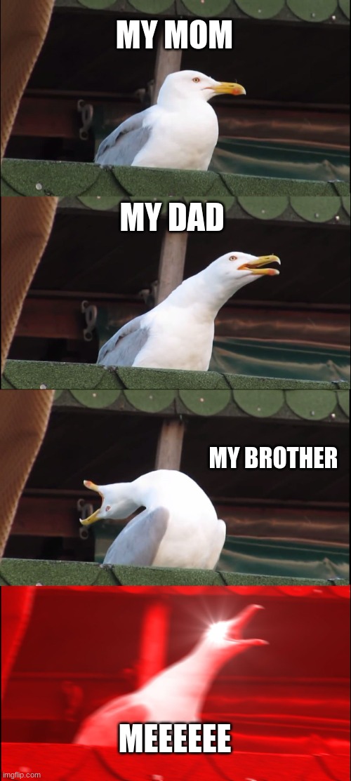 Inhaling Seagull | MY MOM; MY DAD; MY BROTHER; MEEEEEE | image tagged in memes,inhaling seagull | made w/ Imgflip meme maker