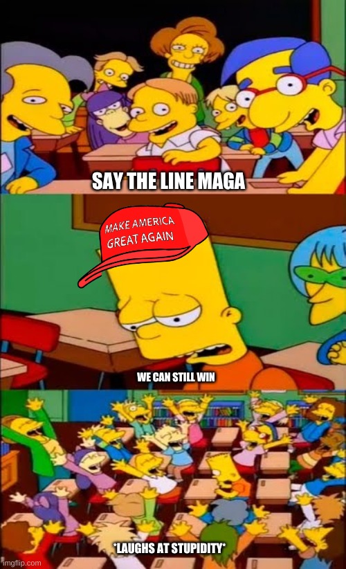say the line bart! simpsons | SAY THE LINE MAGA; WE CAN STILL WIN; *LAUGHS AT STUPIDITY* | image tagged in say the line bart simpsons | made w/ Imgflip meme maker