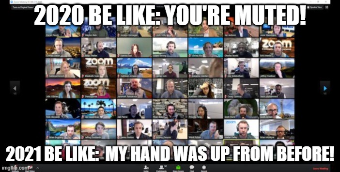 2021 Zoom Calls | 2020 BE LIKE: YOU'RE MUTED! 2021 BE LIKE:  MY HAND WAS UP FROM BEFORE! | image tagged in memes,funny memes,work sucks,zoom | made w/ Imgflip meme maker