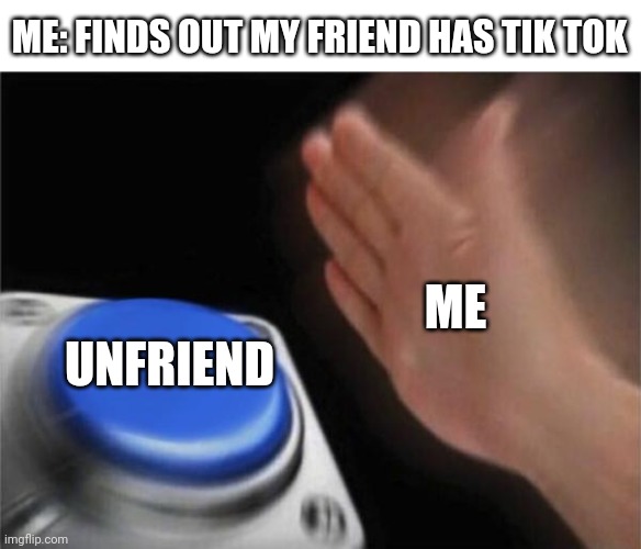 I am sorry brother. You have sined greatly. | ME: FINDS OUT MY FRIEND HAS TIK TOK; ME; UNFRIEND | image tagged in memes,blank nut button | made w/ Imgflip meme maker