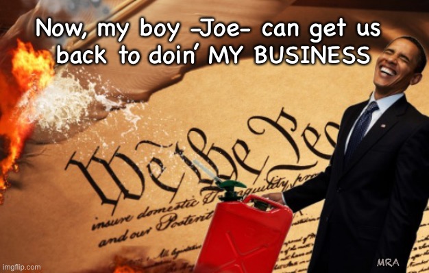 Obama Burns the US Constitution | Now, my boy -Joe- can get us 
back to doin’ MY BUSINESS; MRA | image tagged in obama burns the us constitution | made w/ Imgflip meme maker