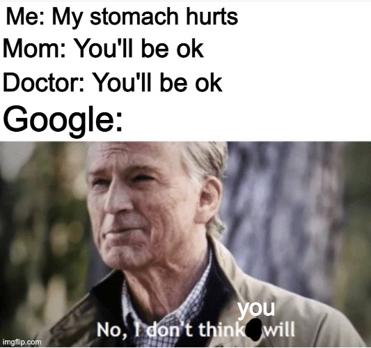 No I don't think I will | Me: My stomach hurts; Mom: You'll be ok; Doctor: You'll be ok; Google:; you | image tagged in no i don't think i will | made w/ Imgflip meme maker