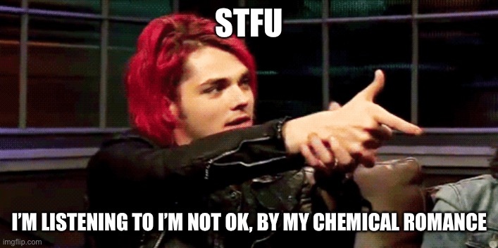 Not Okay | STFU; I’M LISTENING TO I’M NOT OK, BY MY CHEMICAL ROMANCE | image tagged in not okay | made w/ Imgflip meme maker