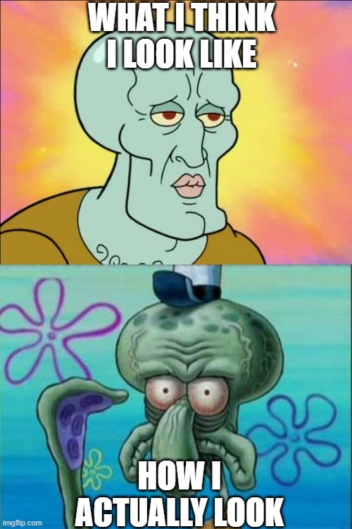 I ugly | WHAT I THINK I LOOK LIKE; HOW I ACTUALLY LOOK | image tagged in memes,squidward | made w/ Imgflip meme maker