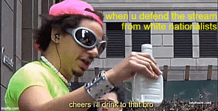 that face everyone makes rn | when u defend the stream from white nationalists | image tagged in cheers ill drink to that bro,white nationalism,racists,racism,no racism | made w/ Imgflip meme maker