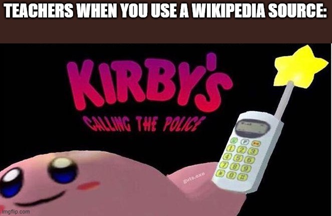meme | TEACHERS WHEN YOU USE A WIKIPEDIA SOURCE: | image tagged in kirby's calling the police,teacher,school | made w/ Imgflip meme maker