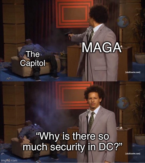 Capitol Hill riot aftermath | MAGA; The Capitol; “Why is there so much security in DC?” | image tagged in who shot hannibal,politics,capitol hill riot | made w/ Imgflip meme maker