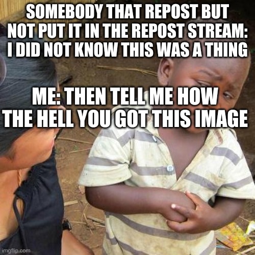 Third World Skeptical Kid Meme | SOMEBODY THAT REPOST BUT NOT PUT IT IN THE REPOST STREAM: I DID NOT KNOW THIS WAS A THING; ME: THEN TELL ME HOW THE HELL YOU GOT THIS IMAGE | image tagged in memes,third world skeptical kid | made w/ Imgflip meme maker