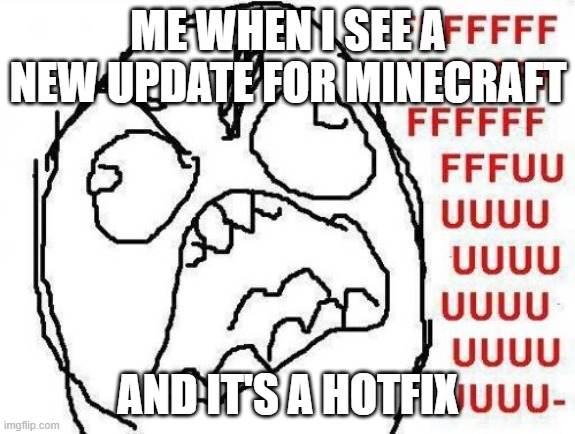 derpy boi | ME WHEN I SEE A NEW UPDATE FOR MINECRAFT; AND IT'S A HOTFIX | image tagged in memes,fffffffuuuuuuuuuuuu | made w/ Imgflip meme maker