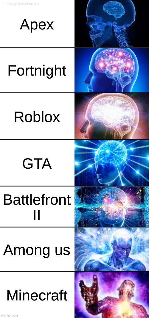 7-Tier Expanding Brain | Apex Fortnight Roblox GTA Battlefront II Among us Minecraft | image tagged in 7-tier expanding brain | made w/ Imgflip meme maker