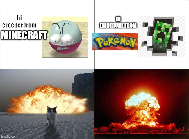 electrode and creeper |  HI ELECTRODE FROM; MINECRAFT; hi creeper from | image tagged in 4 panel comic | made w/ Imgflip meme maker
