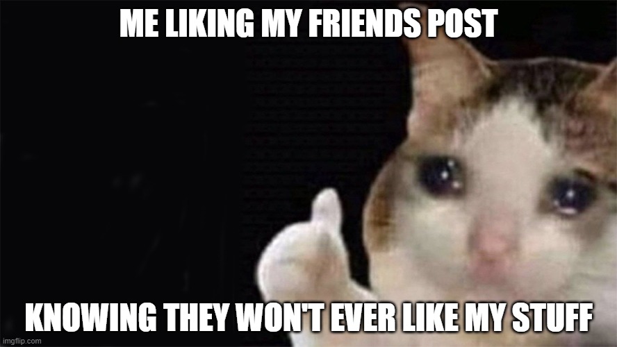 That's tuff | ME LIKING MY FRIENDS POST; KNOWING THEY WON'T EVER LIKE MY STUFF | image tagged in funny,crying cat,funny memes,dank memes,cat,funny cats | made w/ Imgflip meme maker