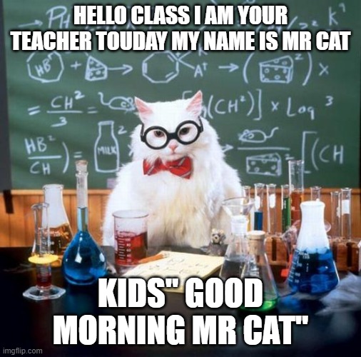 Chemistry Cat Meme | HELLO CLASS I AM YOUR TEACHER TOUDAY MY NAME IS MR CAT; KIDS" GOOD MORNING MR CAT" | image tagged in memes,chemistry cat | made w/ Imgflip meme maker
