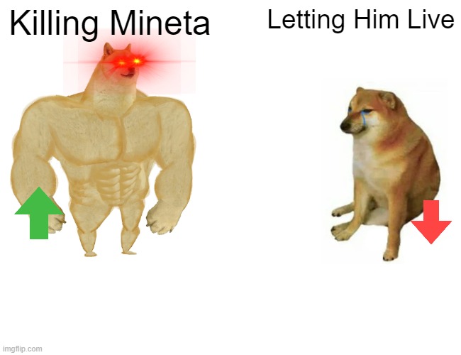 Buff Doge vs. Cheems Meme | Killing Mineta; Letting Him Live | image tagged in memes,buff doge vs cheems | made w/ Imgflip meme maker
