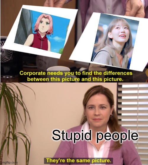 This meme indicates that people think that everyone named Sakura is referring to anime. (The right pic is Sakura Miyawaki btw) | Stupid people | image tagged in memes,they're the same picture | made w/ Imgflip meme maker