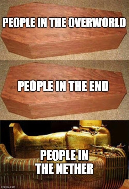 Golden coffin meme | PEOPLE IN THE OVERWORLD PEOPLE IN THE NETHER PEOPLE IN THE END | image tagged in golden coffin meme | made w/ Imgflip meme maker