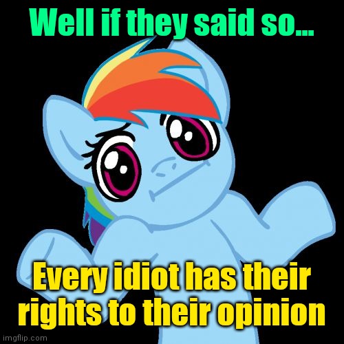 Pony Shrugs Meme | Well if they said so... Every idiot has their rights to their opinion | image tagged in memes,pony shrugs | made w/ Imgflip meme maker