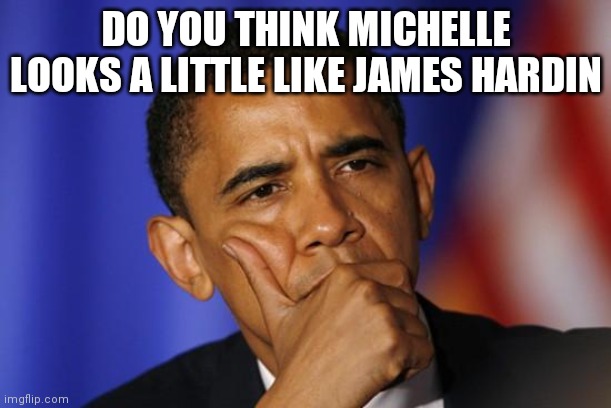 beards | DO YOU THINK MICHELLE LOOKS A LITTLE LIKE JAMES HARDIN | image tagged in oboma is questioning u | made w/ Imgflip meme maker