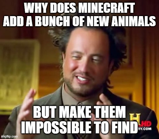 ??? | WHY DOES MINECRAFT ADD A BUNCH OF NEW ANIMALS; BUT MAKE THEM IMPOSSIBLE TO FIND | image tagged in memes,ancient aliens,minecraft | made w/ Imgflip meme maker