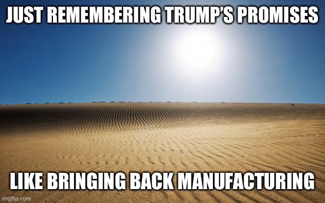 Also Wondering how the farmers are doing with our bailout money because Trump said trade wars were is to win | JUST REMEMBERING TRUMP’S PROMISES; LIKE BRINGING BACK MANUFACTURING | image tagged in desert | made w/ Imgflip meme maker