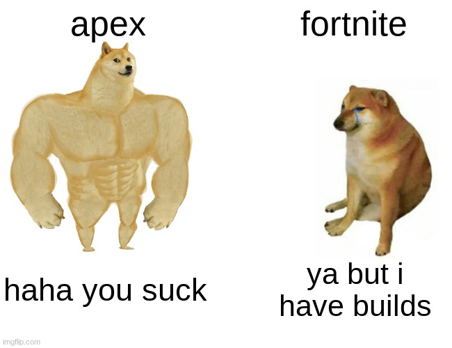 Buff Doge vs. Cheems Meme | apex; fortnite; haha you suck; ya but i have builds | image tagged in memes,buff doge vs cheems | made w/ Imgflip meme maker