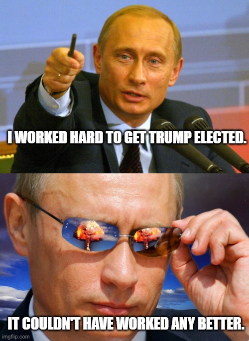 Putin propaganda works MAGA magic. | I WORKED HARD TO GET TRUMP ELECTED. IT COULDN'T HAVE WORKED ANY BETTER. | image tagged in putin nuke,maga idiots,trump disaster | made w/ Imgflip meme maker