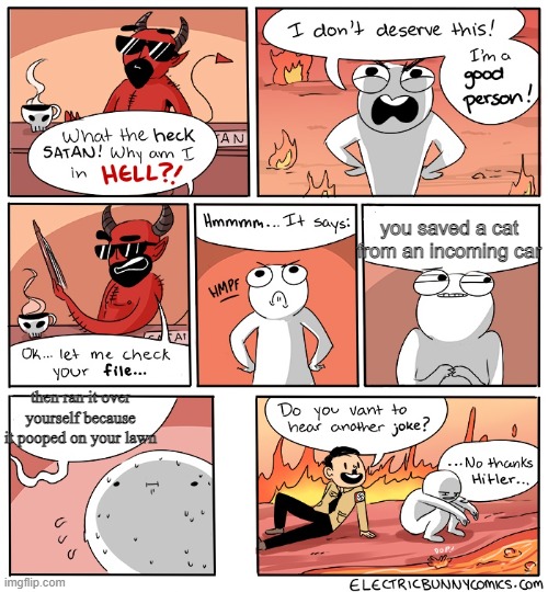 Why Am I in hell | you saved a cat from an incoming car; then ran it over yourself because it pooped on your lawn | image tagged in why am i in hell | made w/ Imgflip meme maker