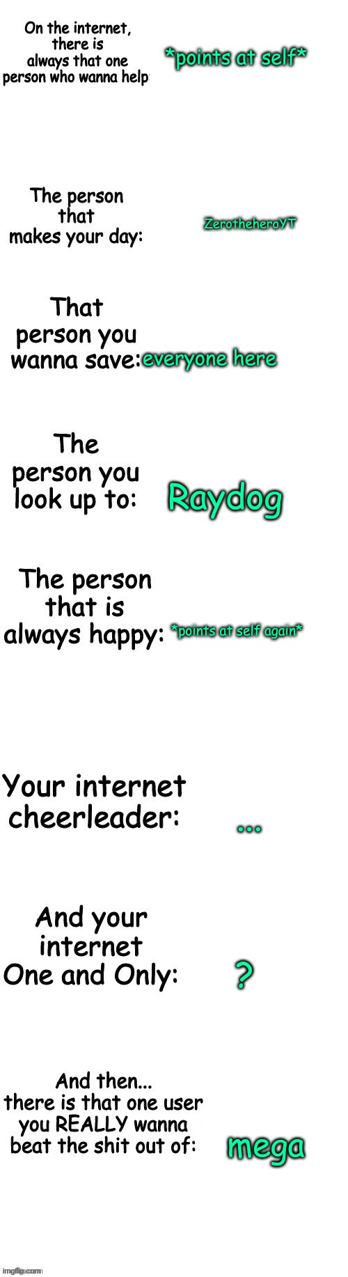 People on the internet | *points at self*; ZerotheheroYT; everyone here; Raydog; *points at self again*; ... ? mega | image tagged in people on the internet | made w/ Imgflip meme maker