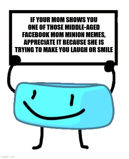bracelety's advice | IF YOUR MOM SHOWS YOU ONE OF THOSE MIDDLE-AGED FACEBOOK MOM MINION MEMES, APPRECIATE IT BECAUSE SHE IS TRYING TO MAKE YOU LAUGH OR SMILE | image tagged in bracelety sign | made w/ Imgflip meme maker