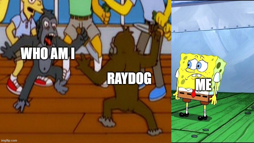 WHO AM I; ME; RAYDOG | image tagged in spongebob,simpsons monkey fight,imgflip,raydog,who am i | made w/ Imgflip meme maker