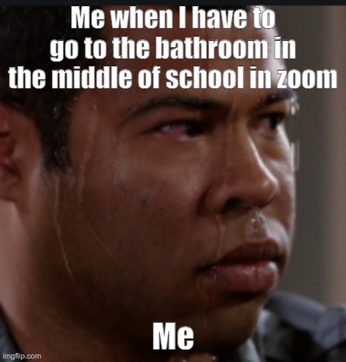 help me... ( i don't have any left in fun group) | Me when I have to go to the bathroom in the middle of school in zoom; Me | image tagged in sweating,pee | made w/ Imgflip meme maker