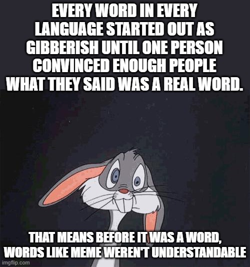STM #20: Gibberish to Understandable (earlier return than I expected) |  EVERY WORD IN EVERY LANGUAGE STARTED OUT AS GIBBERISH UNTIL ONE PERSON CONVINCED ENOUGH PEOPLE WHAT THEY SAID WAS A REAL WORD. THAT MEANS BEFORE IT WAS A WORD, WORDS LIKE MEME WEREN'T UNDERSTANDABLE | image tagged in bugs bunny crazy face | made w/ Imgflip meme maker