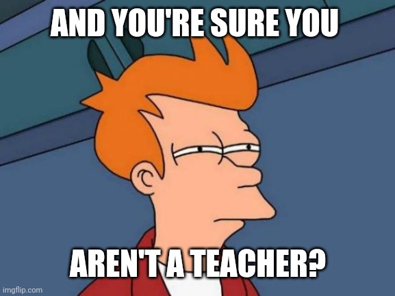 AND YOU'RE SURE YOU AREN'T A TEACHER? | image tagged in memes,futurama fry | made w/ Imgflip meme maker