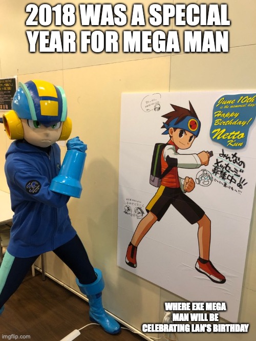 Megaman.EXE Back in 2018 | 2018 WAS A SPECIAL YEAR FOR MEGA MAN; WHERE EXE MEGA MAN WILL BE CELEBRATING LAN'S BIRTHDAY | image tagged in megaman,memes,megaman battle network | made w/ Imgflip meme maker